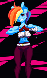 Size: 1155x1886 | Tagged: safe, artist:roguemccloud, derpibooru import, rainbow dash, anthro, bad anatomy, breasts, female, midriff, muscles, solo