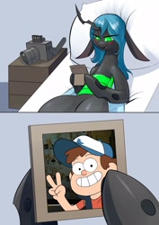 Size: 1447x2048 | Tagged: safe, artist:underpable, derpibooru import, edit, queen chrysalis, changeling, changeling queen, bed, blushing, camera, dipper pines, exploitable meme, former queen chrysalis, gravity falls, meme, queen chrysalis's photo, selfie, smiling