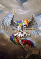 Size: 1020x1440 | Tagged: safe, artist:assasinmonkey, derpibooru import, rainbow dash, anthro, pegasus, plantigrade anthro, beautiful, clothes, ear piercing, earring, feet, female, flying, glare, greek mythology, jewelry, mare, piercing, sandals, skirt, solo, spear, spread wings, weapon, wings