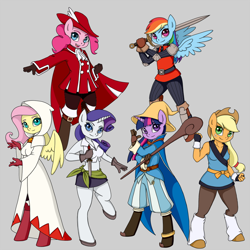 Size: 1024x1024 | Tagged: safe, artist:w00tnewt, derpibooru import, applejack, fluttershy, pinkie pie, rainbow dash, rarity, twilight sparkle, anthro, earth pony, pegasus, unguligrade anthro, unicorn, belly button, black mage, clothes, cosplay, costume, female, fighter, final fantasy, mane six, midriff, monk, red mage, thief, warrior, white mage