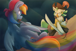 Size: 4000x2700 | Tagged: safe, artist:luximus17, derpibooru import, captain celaeno, rainbow dash, anthro, my little pony: the movie, absurd resolution, clothes, mouth hold, pirate, pirate rainbow dash, scene interpretation, sword, weapon