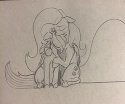 Size: 1280x1063 | Tagged: safe, artist:greyscaleart, derpibooru import, fluttershy, rainbow dash, pegasus, pony, comforting, female, floppy ears, hug, mare, monochrome, sitting, traditional art