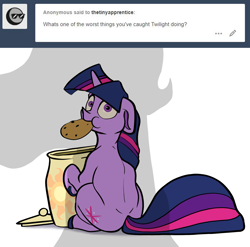 Size: 2321x2292 | Tagged: safe, artist:greyscaleart, derpibooru import, princess celestia, twilight sparkle, alicorn, pony, unicorn, ask, caught, cookie, cookie jar, cute, eating, female, filly, filly twilight sparkle, floppy ears, food, looking at you, looking back, offscreen character, pure unfiltered evil, shadow, sitting, the tiny apprentice, tumblr, twilight stealing a cookie, younger