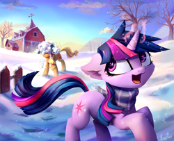 Size: 1191x966 | Tagged: safe, artist:inowiseei, derpibooru import, applejack, twilight sparkle, unicorn twilight, earth pony, pony, unicorn, barn, clothes, cloud, cute, duo, female, floppy ears, jackabetes, magic, mare, scarf, sky, smiling, snow, snowball fight, sweet apple acres, tree, twiabetes