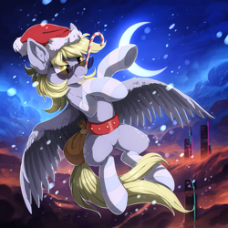 Size: 1280x1280 | Tagged: safe, artist:hioshiru, derpibooru import, derpy hooves, pegasus, pony, building, candy, candy cane, christmas, city, derpfest, food, future, hat, holiday, moon, night, santa hat, skyscraper, solo, sunglasses