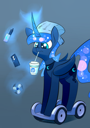 Size: 2480x3507 | Tagged: safe, artist:underpable, derpibooru import, princess luna, alicorn, pony, cellphone, coffee, cringe comedy, curved horn, cute, drinking, ethereal mane, female, fidget spinner, frappuccino, frown, glowing horn, gray background, hat, hipster, levitation, looking down, lunabetes, magic, mare, meme, millennial, phone, scooter, segway, simple background, smartphone, solo, starbucks, straw, swegway, telekinesis, towel, traditional art, unicorn frappuccino, vape