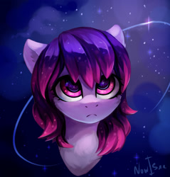 Size: 1776x1860 | Tagged: safe, artist:inowiseei, derpibooru import, oc, oc only, oc:share dast, earth pony, pony, art trade, bust, female, frown, looking up, mare, portrait, space