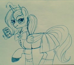 Size: 1280x1119 | Tagged: safe, artist:lulubell, derpibooru import, princess luna, alicorn, pony, clothes, freckles, game boy, glasses, school uniform, sketch, solo, traditional art