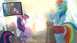 Size: 1200x675 | Tagged: safe, artist:1trick, derpibooru import, rainbow dash, spike, twilight sparkle, twilight sparkle (alicorn), alicorn, anthro, dragon, pegasus, chair, clothes, duo focus, eyes closed, fart noise, female, laughing, mare, onomatopoeia, podium, presentation, shorts, sitting, sound effects, tanktop, transformation, whoopie cushion