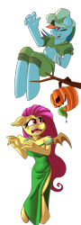 Size: 900x2500 | Tagged: safe, artist:passigcamel, derpibooru import, fluttershy, rainbow dash, anthro, bat pony, unguligrade anthro, anatomically incorrect, clothes, costume, dress, eyes closed, female, flutterbat, halloween, hat, holiday, incorrect leg anatomy, jack-o-lantern, laughing, mare, open mouth, pumpkin, race swap, scared, simple background, smiling, transparent background