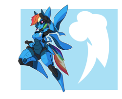 Size: 2260x1837 | Tagged: safe, artist:rubbermage, derpibooru import, rainbow dash, anthro, robot, blue background, female, flying, gift art, glowing eyes, mecha, roboticization, salute, simple background, solo