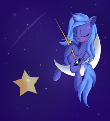 Size: 1346x1486 | Tagged: safe, artist:brok-enwings, derpibooru import, princess luna, alicorn, pony, blushing, fishing, fishing rod, moon, night, s1 luna, sleeping, stars, tangible heavenly object