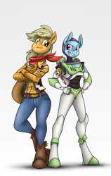 Size: 1080x1712 | Tagged: safe, artist:quynzel, derpibooru import, applejack, rainbow dash, anthro, unguligrade anthro, belt, boots, buzz lightyear, clothes, cowboy boots, cowboy hat, crossed arms, crossover, disney, freckles, hat, pants, shoes, spacesuit, toy story, woody