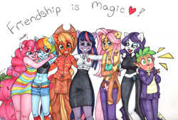 Size: 1024x692 | Tagged: safe, artist:messijessi2017, derpibooru import, applejack, fluttershy, gummy, pinkie pie, rainbow dash, rarity, spike, twilight sparkle, anthro, butterfly, human, equestria girls, arm warmers, armpits, belly button, belt, breasts, cleavage, clothes, cowboy hat, denim, dress, ear piercing, eared humanization, earring, ears, equestria girls-ified, eyeshadow, hat, human spike, humanized, jewel, jewelry, lip gloss, lipstick, makeup, mane seven, mane six, midriff, muscles, one eye closed, piercing, pointed ears, pony coloring, shorts, side slit, skirt, stetson, tailed humanization, tanktop, twoiloight spahkle, wink
