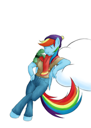 Size: 877x1240 | Tagged: safe, artist:alixnight, derpibooru import, rainbow dash, tank, anthro, unguligrade anthro, tanks for the memories, boop, clothes, cloud, eyes closed, hand on hip, noseboop, simple background, smiling, solo, white background