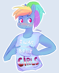 Size: 1778x2225 | Tagged: safe, artist:mazuuur, derpibooru import, rainbow dash, anthro, boys (charli xcx), charli xcx, clothes, cute, female, lesbian, shirt, solo, song reference