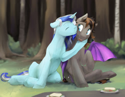 Size: 2640x2040 | Tagged: safe, artist:silfoe, derpibooru import, oc, oc only, oc:bluebird solstice, oc:stardust wayfinder, bat pony, unicorn, bat pony oc, beard, commission, couple, cute, facial hair, food, forest, gay, kiss on the cheek, kissing, male, picnic, sandwich, tree