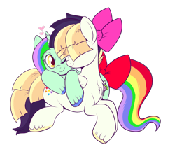 Size: 850x748 | Tagged: safe, artist:lulubell, derpibooru import, songbird serenade, oc, oc:noodle doodle, pony, unicorn, my little pony: the movie, bow, canon x oc, chest fluff, cuddling, female, hair bow, heart, lesbian, looking back, mare, one eye closed, shipping, simple background, smiling, transparent background