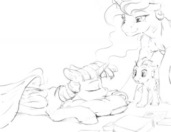 Size: 1500x1159 | Tagged: safe, artist:silfoe, derpibooru import, princess luna, twilight sparkle, twilight sparkle (alicorn), oc, oc:pterus, alicorn, bat pony, pony, adopted offspring, bat pony oc, black and white, colt, eyes closed, female, glowing horn, grayscale, lesbian, magic, male, mare, monochrome, other royal book, shipping, simple background, sketch, sleeping, smiling, telekinesis, twiluna, white background