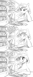 Size: 1980x4590 | Tagged: safe, artist:silfoe, derpibooru import, princess luna, twilight sparkle, twilight sparkle (alicorn), alicorn, pony, book, bookshelf, comic, creepy, creepy smile, dialogue, dilated pupils, female, grayscale, implied rarilestia, lesbian, looking back, luna the shipper, mare, monochrome, reading, royal sketchbook, shipper on deck, shipping, shrunken pupils, simple background, sitting, smiling, speech bubble, twiluna, underhoof, white background, wide eyes