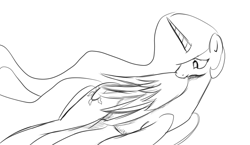 Size: 1033x599 | Tagged: safe, artist:nasse, princess celestia, alicorn, pony, lineart, monochrome, preening, solo