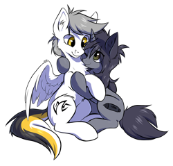 Size: 1340x1280 | Tagged: safe, artist:hioshiru, artist:kejifox, derpibooru import, oc, oc only, oc:kate, oc:kej, pegasus, pony, unicorn, collaboration, 2018 community collab, couple, cute, derpibooru community collaboration, duo, eye contact, hug, k+k, looking at each other, simple background, smiling, transparent background