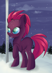Size: 628x884 | Tagged: safe, artist:brok-enwings, derpibooru import, fizzlepop berrytwist, tempest shadow, my little pony: the movie, blushing, broken horn, female, filly, raised hoof, snow, snowfall, solo, younger