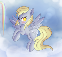 Size: 978x893 | Tagged: safe, artist:brok-enwings, derpibooru import, derpy hooves, pegasus, pony, cloud, flying, one eye closed, sky, smiling