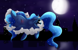 Size: 1333x860 | Tagged: safe, artist:brok-enwings, derpibooru import, princess luna, alicorn, pony, blushing, city, cloud, moon, night, sleeping, solo