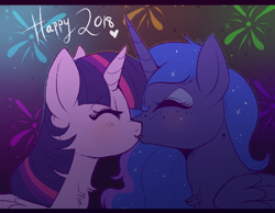 Size: 700x542 | Tagged: safe, artist:lulubell, derpibooru import, princess luna, twilight sparkle, twilight sparkle (alicorn), alicorn, pony, blushing, eyes closed, female, fireworks, freckles, happy new year, happy new year 2018, holiday, kissing, lesbian, mare, new year, shipping, twiluna