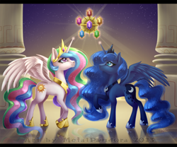 Size: 1000x833 | Tagged: safe, artist:metalpandora, princess celestia, princess luna, alicorn, pony, beautiful, duo, elements of harmony, royal sisters, watermark