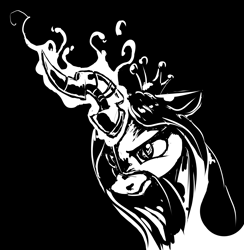 Size: 5289x5415 | Tagged: safe, artist:nadnerbd, derpibooru import, queen chrysalis, changeling, changeling queen, absurd resolution, glowing horn, magic, monochrome, solo