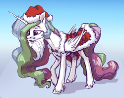 Size: 6575x5232 | Tagged: safe, artist:nadnerbd, derpibooru import, princess celestia, alicorn, pony, absurd resolution, beard, christmas, clothes, costume, facial hair, fake beard, female, hat, holiday, mare, santa costume, santa hat, smiling, solo