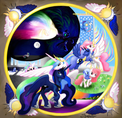Size: 3150x3068 | Tagged: safe, artist:syncallio, nightmare moon, princess celestia, princess luna, alicorn, pony, contrast, high res