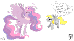 Size: 1672x938 | Tagged: safe, artist:cruddydoodles, derpy hooves, princess celestia, alicorn, pegasus, pony, crossover, ditto, female, mare, pokémon, princess, speech bubble