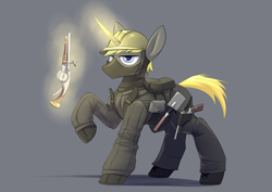 Size: 4960x3507 | Tagged: safe, artist:underpable, derpibooru import, oc, oc only, pony, unicorn, absurd resolution, clothes, commission, glowing horn, gray background, gun, helmet, magic, male, raised hoof, shovel, simple background, solo, stallion, telekinesis, weapon, wheellock