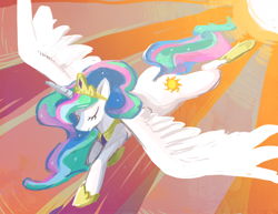 Size: 816x630 | Tagged: safe, artist:derples, artist:skypup, princess celestia, alicorn, pony, crepuscular rays, eyes closed, flying, solo, sun