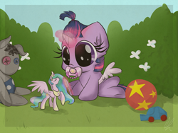 Size: 2263x1700 | Tagged: safe, artist:lolepopenon, princess celestia, smarty pants, twilight sparkle, alicorn, pony, alternate hairstyle, baby, baby pony, babylight sparkle, ball, big ears, big eyes, brushie, car, cute, doll, fake wings, filly, fluffy, foal, magic, pacifier, pinklestia, sitting, solo, sweet dreams fuel, telekinesis, toy car, twiabetes, weapons-grade cute