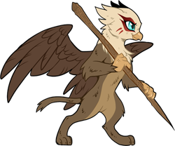 Size: 550x457 | Tagged: safe, artist:hioshiru, derpibooru import, oc, oc only, griffon, bipedal, female, griffon oc, non-pony oc, simple background, smiling, solo, spear, staff, transparent background, weapon