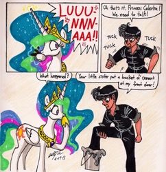 Size: 1479x1527 | Tagged: safe, artist:newyorkx3, princess celestia, human, comic, prank, self insert, traditional art