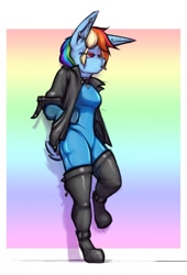 Size: 871x1280 | Tagged: safe, artist:krd, derpibooru import, rainbow dash, anthro, plantigrade anthro, rabbit, abstract background, bodysuit, bunny ears, bunny girl, bunny tail, candy, clothes, ear piercing, food, jacket, latex, latex suit, leather jacket, lollipop, piercing, species swap