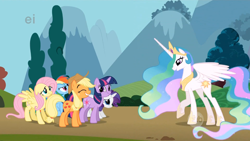 Size: 1366x768 | Tagged: safe, screencap, applejack, fluttershy, princess celestia, rainbow dash, rarity, twilight sparkle, unicorn twilight, alicorn, earth pony, pegasus, pony, unicorn, swarm of the century, :t, bowing, crown, ei, ethereal mane, eyes closed, female, floppy ears, frown, glare, grin, gritted teeth, hoof shoes, hub logo, jewelry, looking up, mare, meme origin, nervous, origins, peytral, raised hoof, regalia, smiling, spread wings, twiface, wide eyes, wrong neighborhood