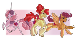 Size: 2304x1208 | Tagged: safe, artist:pawb-art, apple bloom, scootaloo, sweetie belle, classical unicorn, earth pony, pegasus, unicorn, bow, cloven hooves, crossed hooves, cutie mark crusaders, feathered fetlocks, female, leonine tail, looking at you, mare, older, older apple bloom, older scootaloo, older sweetie belle, open mouth, redesign, simple background, smiling, spread wings, trio, unshorn fetlocks, wings