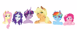 Size: 5100x2038 | Tagged: safe, artist:earthsong9405, derpibooru import, applejack, fluttershy, pinkie pie, rainbow dash, rarity, twilight sparkle, anthro, alternate hairstyle, bare shoulder portrait, bare shoulders, basket au, blaze (coat marking), braid, bust, curved horn, fangs, female, grin, mane six, mare, portrait, scar, short mane, simple background, smiling, tongue out, white background