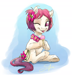 Size: 1868x1967 | Tagged: safe, artist:silfoe, derpibooru import, oc, oc only, oc:peony, earth pony, pony, commission, cute, female, flower, flower in hair, flower necklace, food, hibiscus, ice cream, jewelry, mare, necklace, ocbetes, one eye closed, pearl necklace, smiling, solo, underhoof