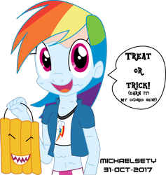 Size: 3500x3692 | Tagged: safe, artist:michaelsety, derpibooru import, rainbow dash, anthro, human, equestria girls, bag, dialogue, halloween, holiday, humanized, nightmare night, paint on skin, trick or treat