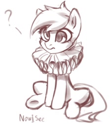 Size: 629x706 | Tagged: safe, artist:inowiseei, derpibooru import, derpy hooves, earth pony, pony, female, mare, monochrome, question mark, race swap, ruff (clothing), sitting, sketch, solo, wingless