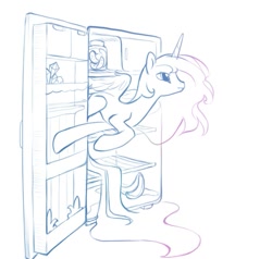 Size: 617x588 | Tagged: safe, artist:tomatocoup, princess celestia, alicorn, pony, female, hiding, mare, missing accessory, peeking, refrigerator, smiling, solo, wat