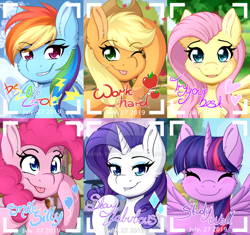 Size: 1024x963 | Tagged: safe, artist:nana-yuka, applejack, fluttershy, pinkie pie, rainbow dash, rarity, twilight sparkle, twilight sparkle (alicorn), alicorn, earth pony, pegasus, pony, unicorn, 20% cooler, :p, blushing, bust, cute, deviantart watermark, eyes closed, galacon, grin, heart eyes, jackabetes, lip bite, mane six, obtrusive watermark, portrait, positive message, print, shyabetes, smiling, starry eyes, tongue out, twiabetes, watermark, wingding eyes