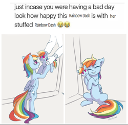 Size: 964x946 | Tagged: safe, artist:inowiseei, derpibooru import, rainbow dash, human, pegasus, pony, :3, bipedal, clothes, cuddling, cute, dashabetes, emoji, eyes closed, female, floppy ears, grin, hand, happy, hnnng, hug, mare, meme, narcissism, nuzzling, open mouth, parody, plushie, ponified animal photo, ponified meme, present, self plushidox, self ponidox, sitting, smiling, smirk, solo focus, 😭